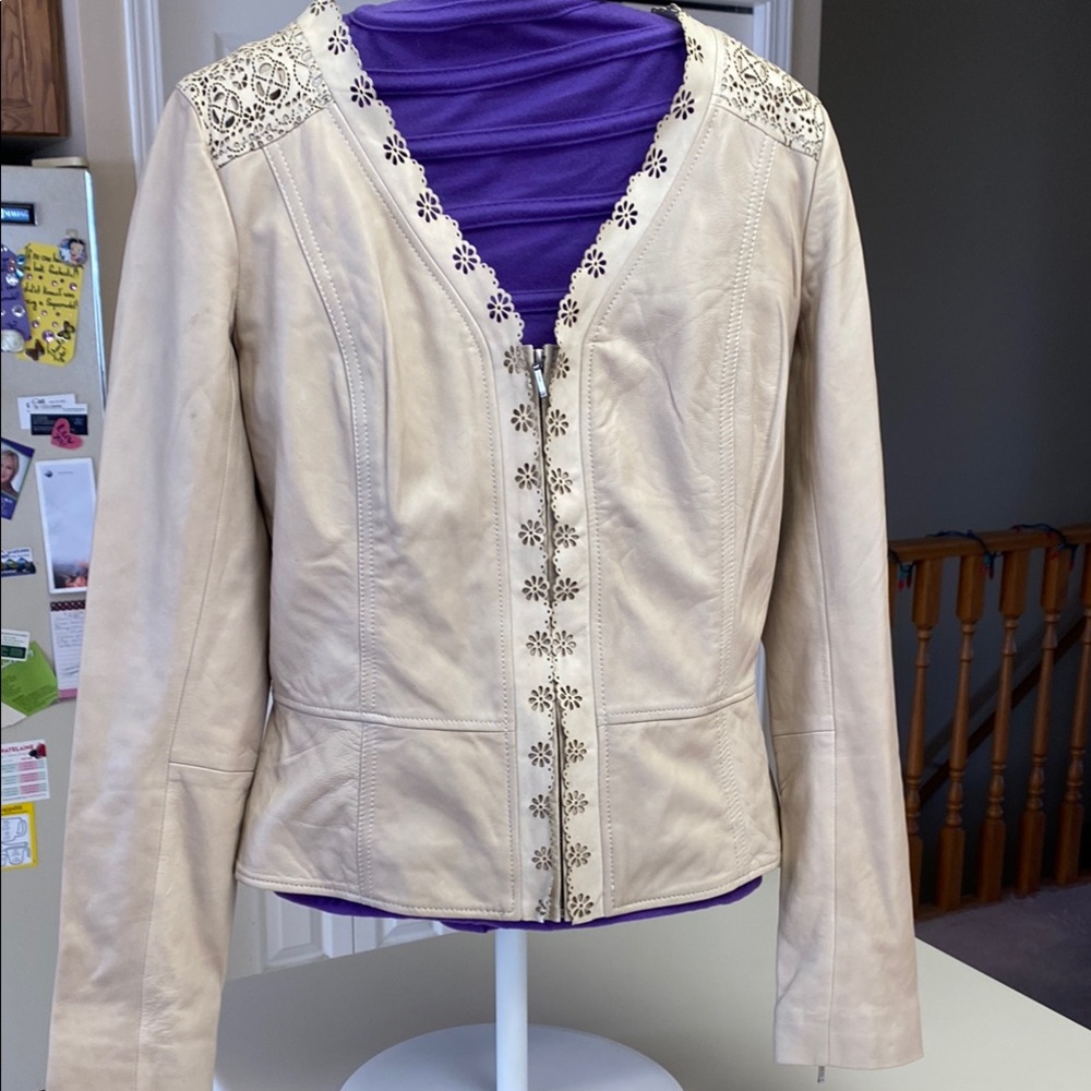 Women's Cream Leather Jacket with Floral Cutouts